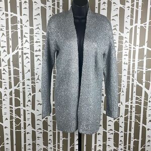 Silver Metallic Painted Wool Blend Longline Open Front Cardigan Sweater S